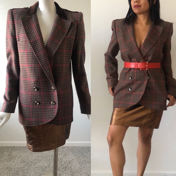 VINTAGE VALENTINO Miss V wool brown plaid blazer - - Picture 1 of 8